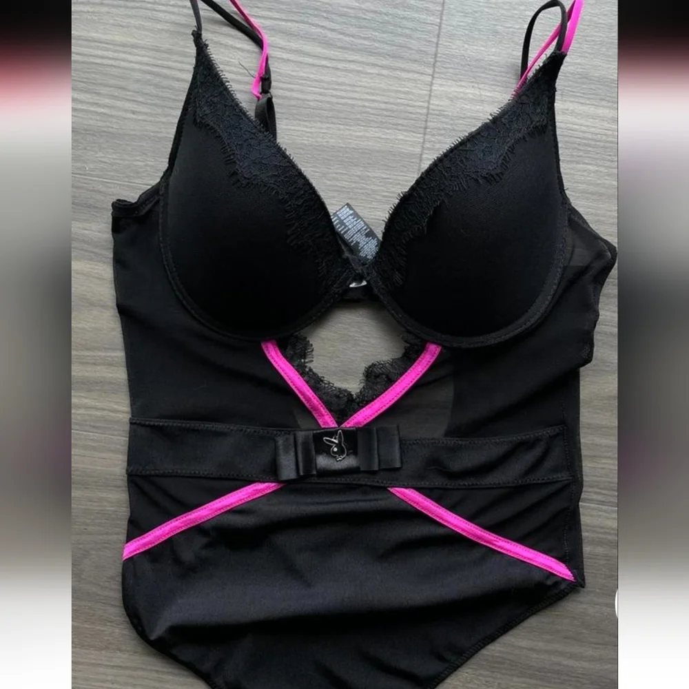 Playboy Black Lace and Fuschia Trimming Sexy Bodysuit - Picture 7 of 7